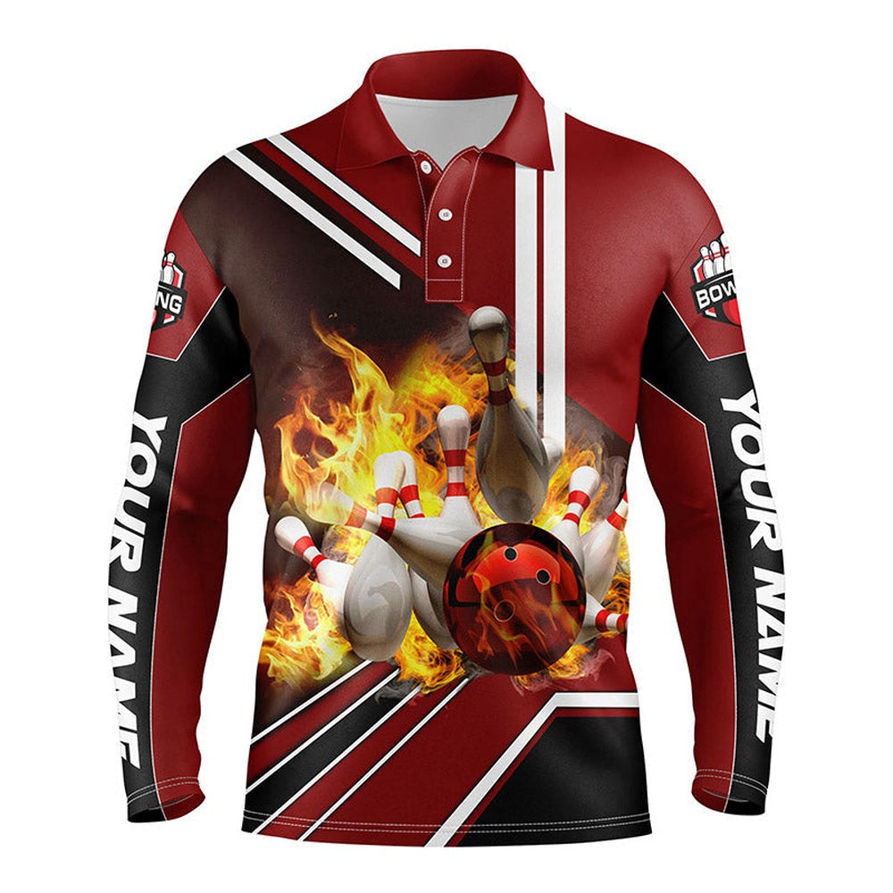 Custom Bowling Polo Shirts, Personalized Men Bowling Polo Shirt Flame Bowling Ball And Pins, Bowling Polo For Men Bowlers Red