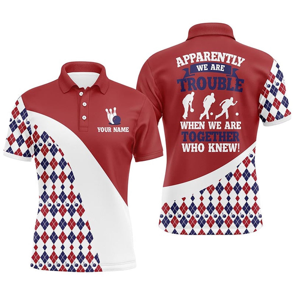 Custom Bowling Polo Shirts, Personalized Men Bowling Shirt Red Argyle Bowling Jersey With Name Funny League Bowling Polo Shirt