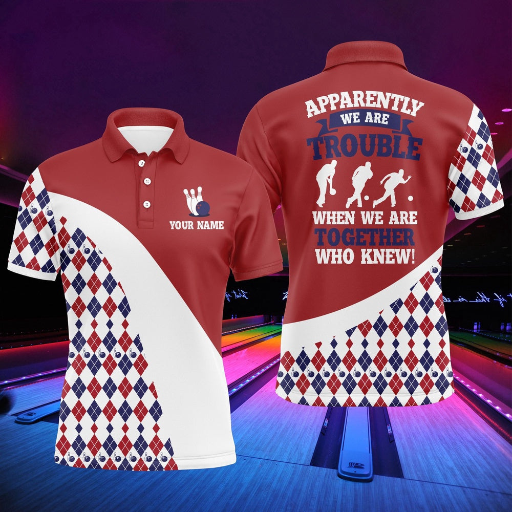 Custom Bowling Polo Shirts, Personalized Men Bowling Shirt Red Argyle Bowling Jersey With Name Funny League Bowling Polo Shirt