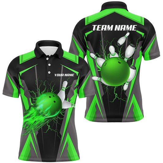Custom Bowling Polo Shirts, Personalized Men Bowling Shirts Flame Bowling Ball And Pins, Bowling Jerseys For Men Bowlers Green