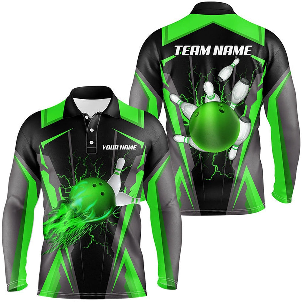 Custom Bowling Polo Shirts, Personalized Men Bowling Shirts Flame Bowling Ball And Pins, Bowling Jerseys For Men Bowlers Green