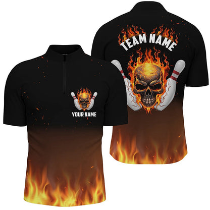Custom Bowling Polo Shirts, Personalized Men Bowling Shirts, Flame Skull Team Bowling Jerseys For Bowling Players