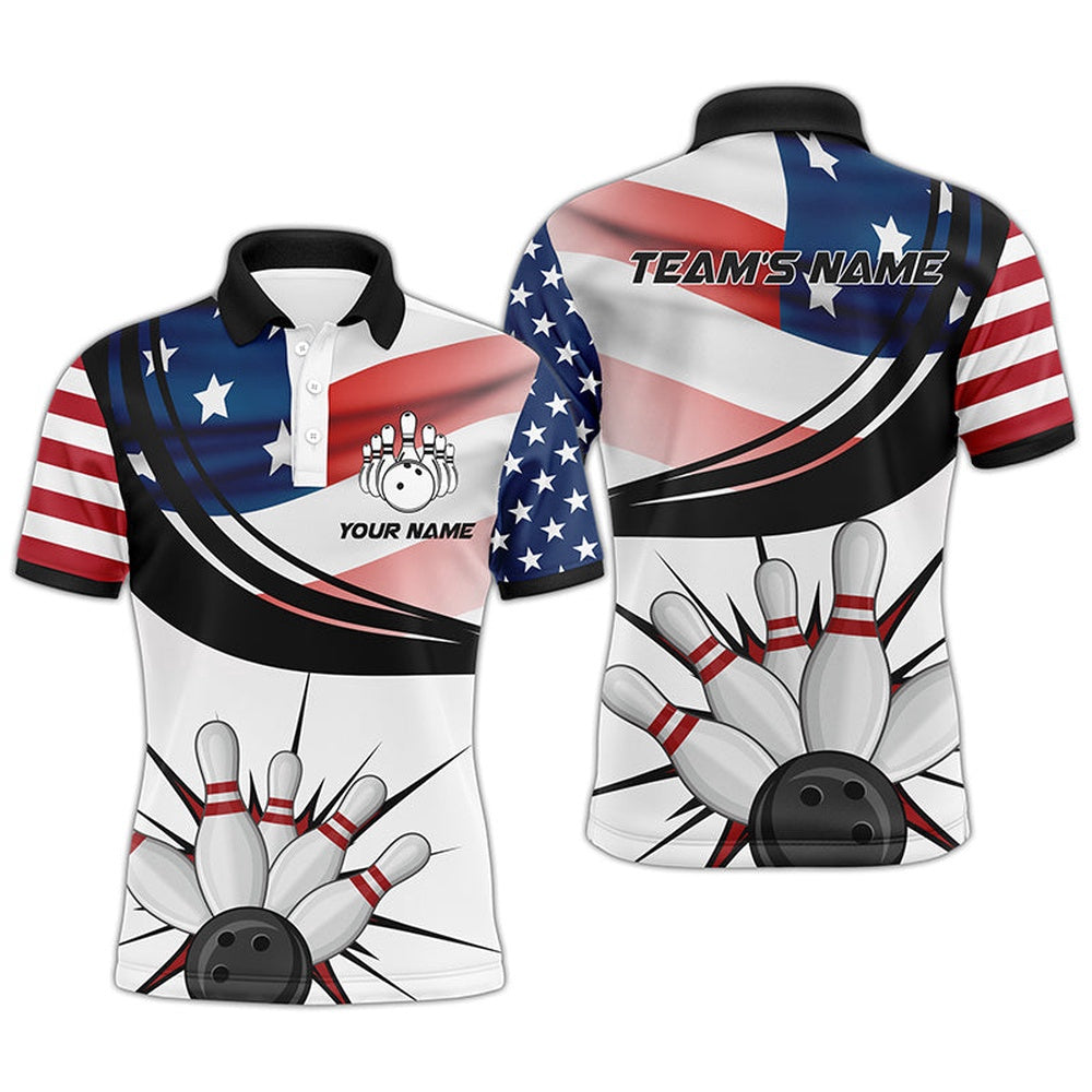 Custom Bowling Polo Shirts, Personalized Men Polo Bowling Shirt, American Flag Bowling Short Sleeve Men Bowlers Jersey