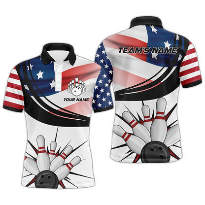 Custom Bowling Polo Shirts, Personalized Men Polo Bowling Shirt, American Flag Bowling Short Sleeve Men Bowlers Jersey