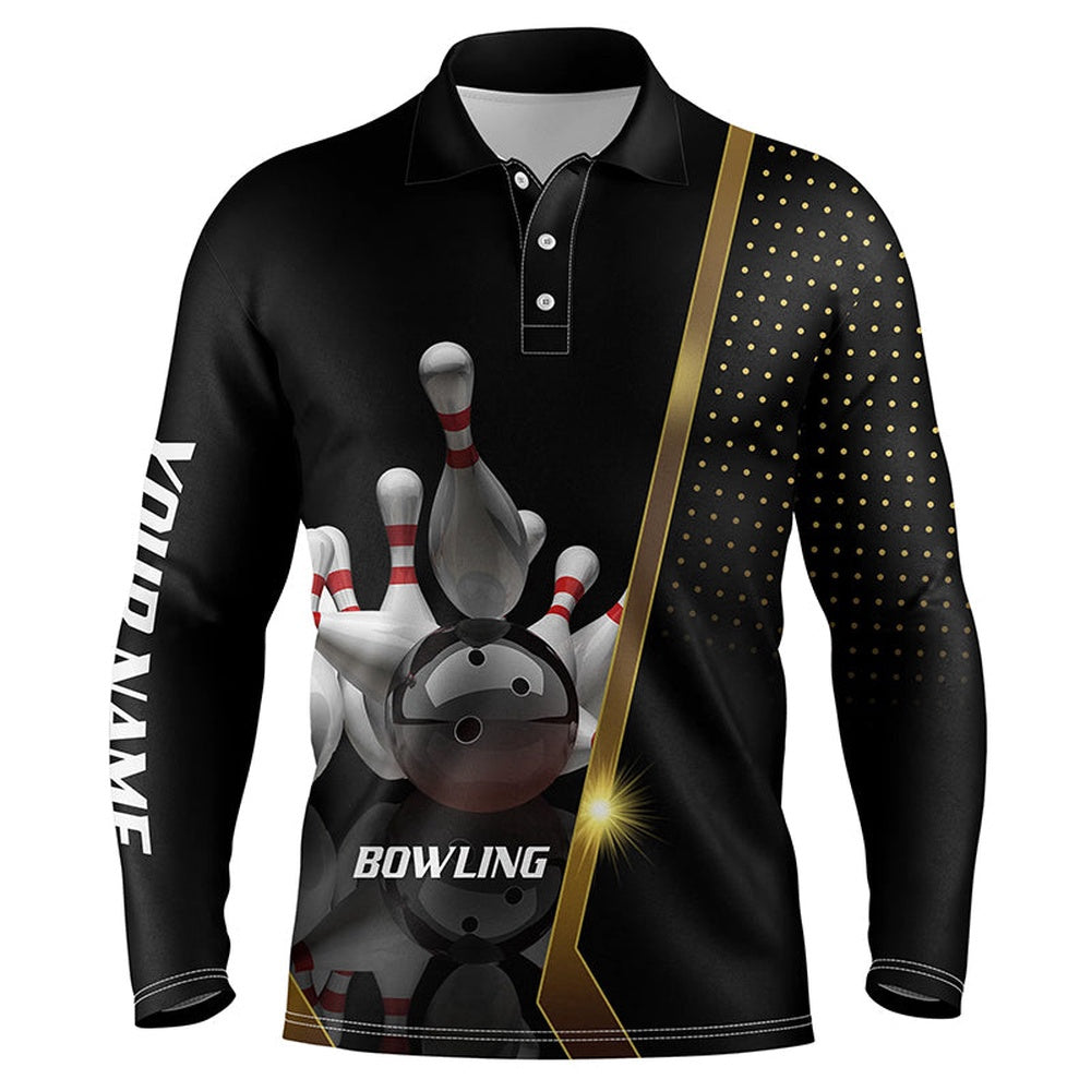 Custom Bowling Polo Shirts, Personalized Men Polo Bowling Shirt Black And Gold Men Bowlers Custom Team Bowling Jersey
