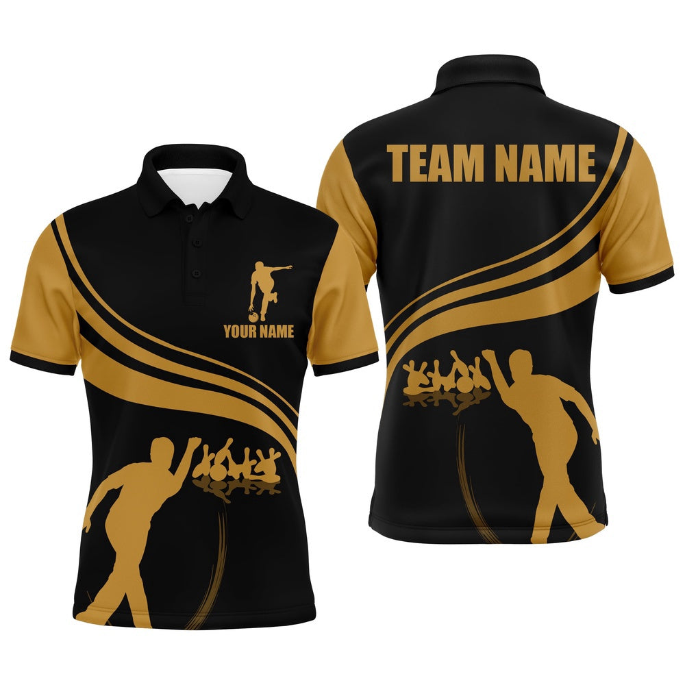Custom Bowling Polo Shirts, Personalized Men Polo Bowling Shirt Black And Gold Men Bowlers Custom Team Short Sleeves Jersey