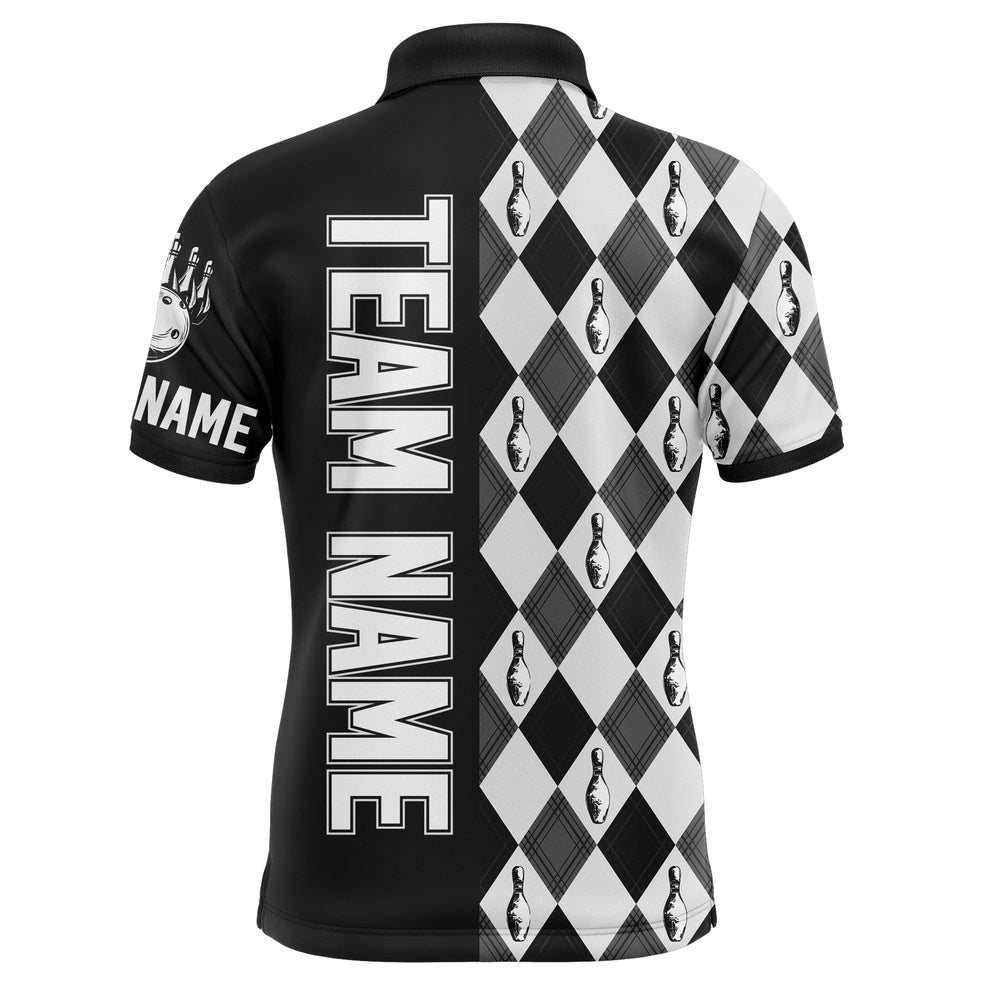 Custom Bowling Polo Shirts, Personalized Men Polo Bowling Shirt Black & White Argyle Bowlers Custom Team Short Sleeves Jersey