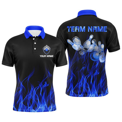 Custom Bowling Polo Shirts, Personalized Men Polo Bowling Shirt Blue Flame Bowling Ball And Pins Bowling Jerseys For Men Bowler