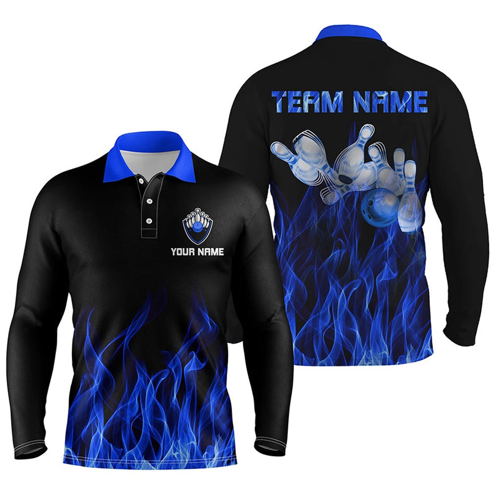 Custom Bowling Polo Shirts, Personalized Men Polo Bowling Shirt Blue Flame Bowling Ball And Pins Bowling Jerseys For Men Bowler