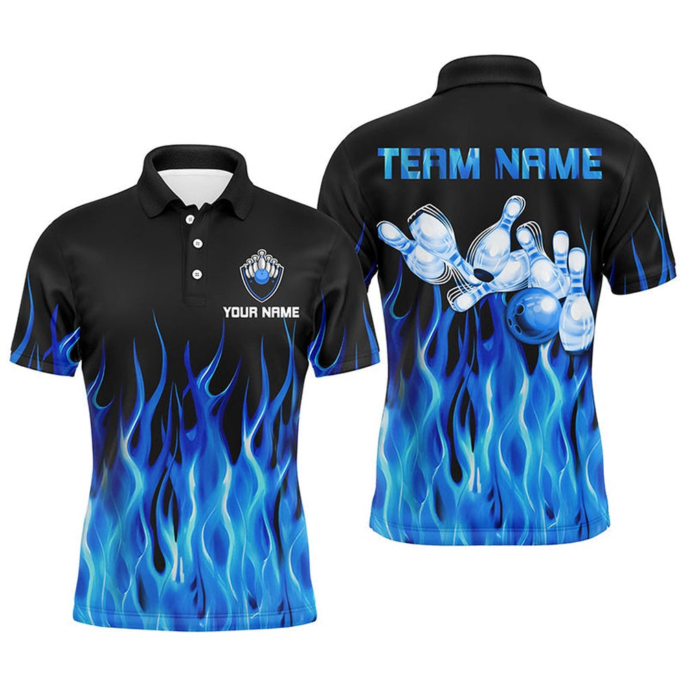 Custom Bowling Polo Shirts, Personalized Men Polo Bowling Shirt Blue Flame Bowling Ball Pins Bowling Jerseys For Men Bowler