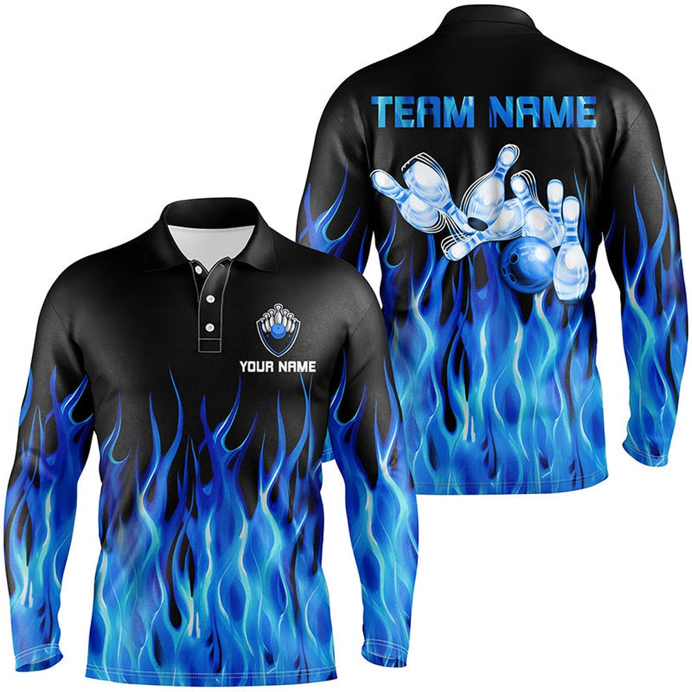 Custom Bowling Polo Shirts, Personalized Men Polo Bowling Shirt Blue Flame Bowling Ball Pins Bowling Jerseys For Men Bowler