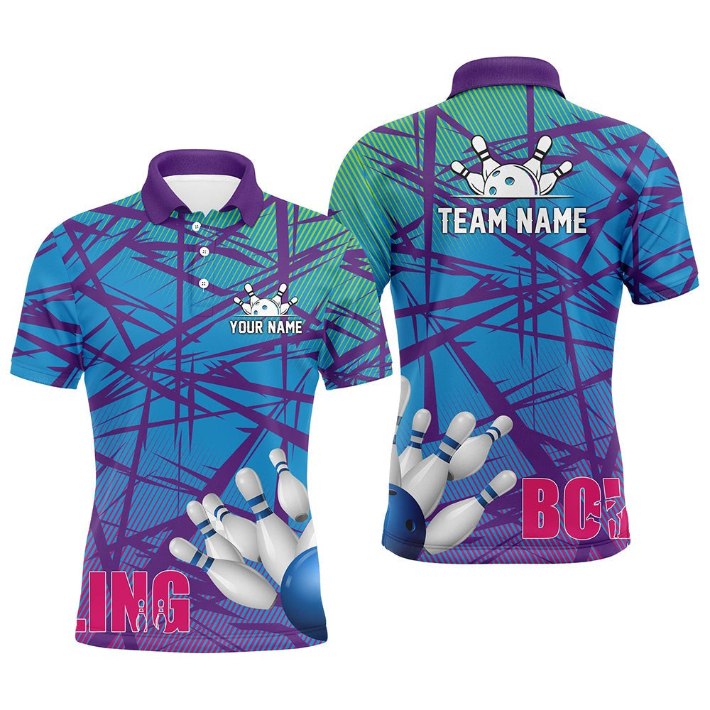 Custom Bowling Polo Shirts, Personalized Men Polo Bowling Shirt Blue Purple Camo Bowling Jerseys, Personalized Bowling Team Shirts