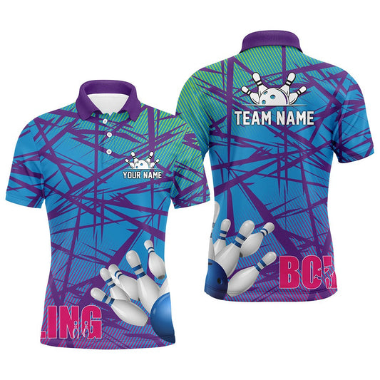 Custom Bowling Polo Shirts, Personalized Men Polo Bowling Shirt Blue Purple Camo Bowling Jerseys, Personalized Bowling Team Shirts
