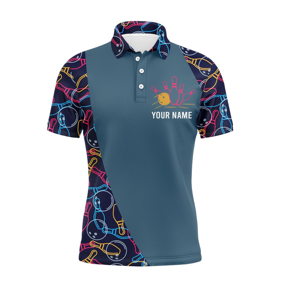 Custom Bowling Polo Shirts, Personalized Men Polo Bowling Shirt, Bowling Balls Pins Pattern Bowlers Team Jersey