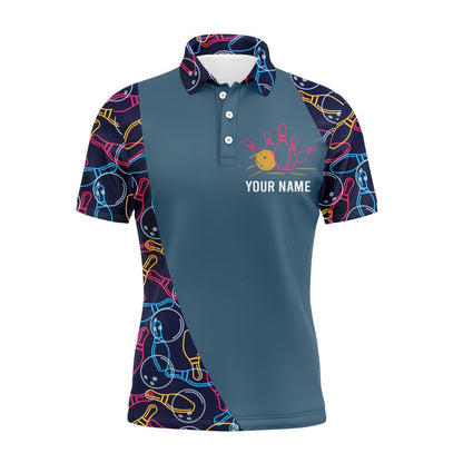 Custom Bowling Polo Shirts, Personalized Men Polo Bowling Shirt, Bowling Balls Pins Pattern Bowlers Team Jersey