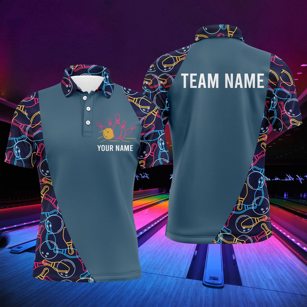 Custom Bowling Polo Shirts, Personalized Men Polo Bowling Shirt, Bowling Balls Pins Pattern Bowlers Team Jersey
