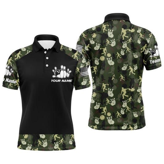 Custom Bowling Polo Shirts, Personalized Men Polo Bowling Shirt Camo Balls And Pins Team Short Sleeves Men Bowlers Jersey