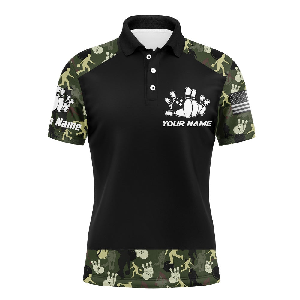 Custom Bowling Polo Shirts, Personalized Men Polo Bowling Shirt Camo Balls And Pins Team Short Sleeves Men Bowlers Jersey