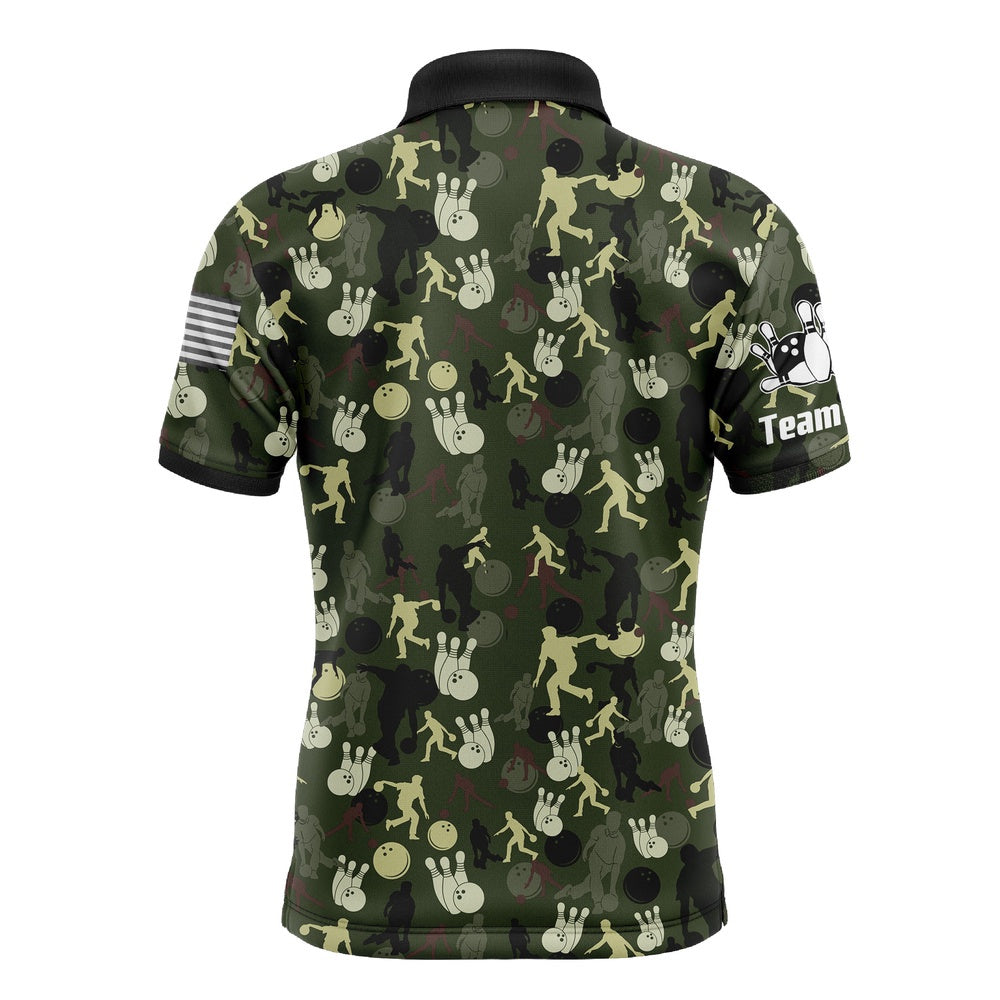 Custom Bowling Polo Shirts, Personalized Men Polo Bowling Shirt Camo Balls And Pins Team Short Sleeves Men Bowlers Jersey