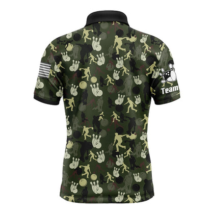 Custom Bowling Polo Shirts, Personalized Men Polo Bowling Shirt Camo Balls And Pins Team Short Sleeves Men Bowlers Jersey