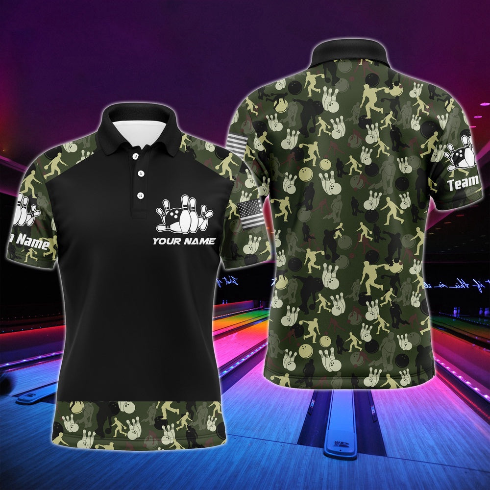 Custom Bowling Polo Shirts, Personalized Men Polo Bowling Shirt Camo Balls And Pins Team Short Sleeves Men Bowlers Jersey