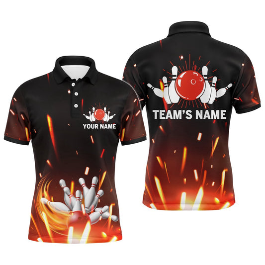 Custom Bowling Polo Shirts, Personalized Men Polo Bowling Shirt Flame Bowling Ball And Pins Short Sleeve Polo For Men Bowlers