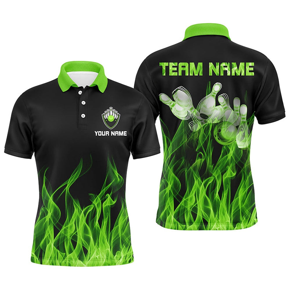 Custom Bowling Polo Shirts, Personalized Men Polo Bowling Shirt Green Flame Bowling Ball And Pins Bowling Jerseys For Men Bowler