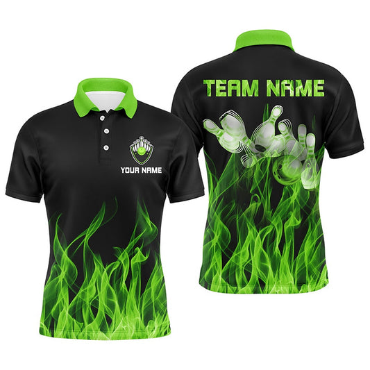 Custom Bowling Polo Shirts, Personalized Men Polo Bowling Shirt Green Flame Bowling Ball And Pins Bowling Jerseys For Men Bowler