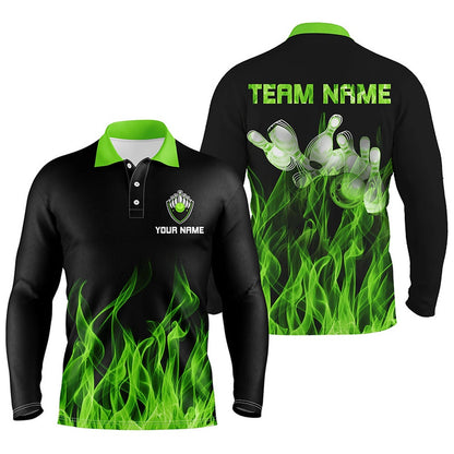 Custom Bowling Polo Shirts, Personalized Men Polo Bowling Shirt Green Flame Bowling Ball And Pins Bowling Jerseys For Men Bowler
