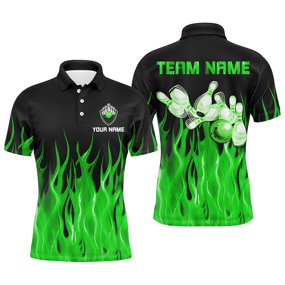 Custom Bowling Polo Shirts, Personalized Men Polo Bowling Shirt Green Flame Bowling Ball Pins Bowling Jerseys For Men Bowler