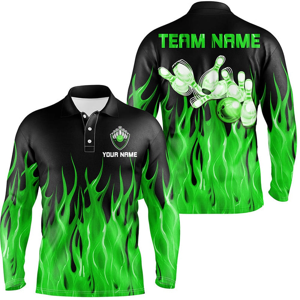 Custom Bowling Polo Shirts, Personalized Men Polo Bowling Shirt Green Flame Bowling Ball Pins Bowling Jerseys For Men Bowler