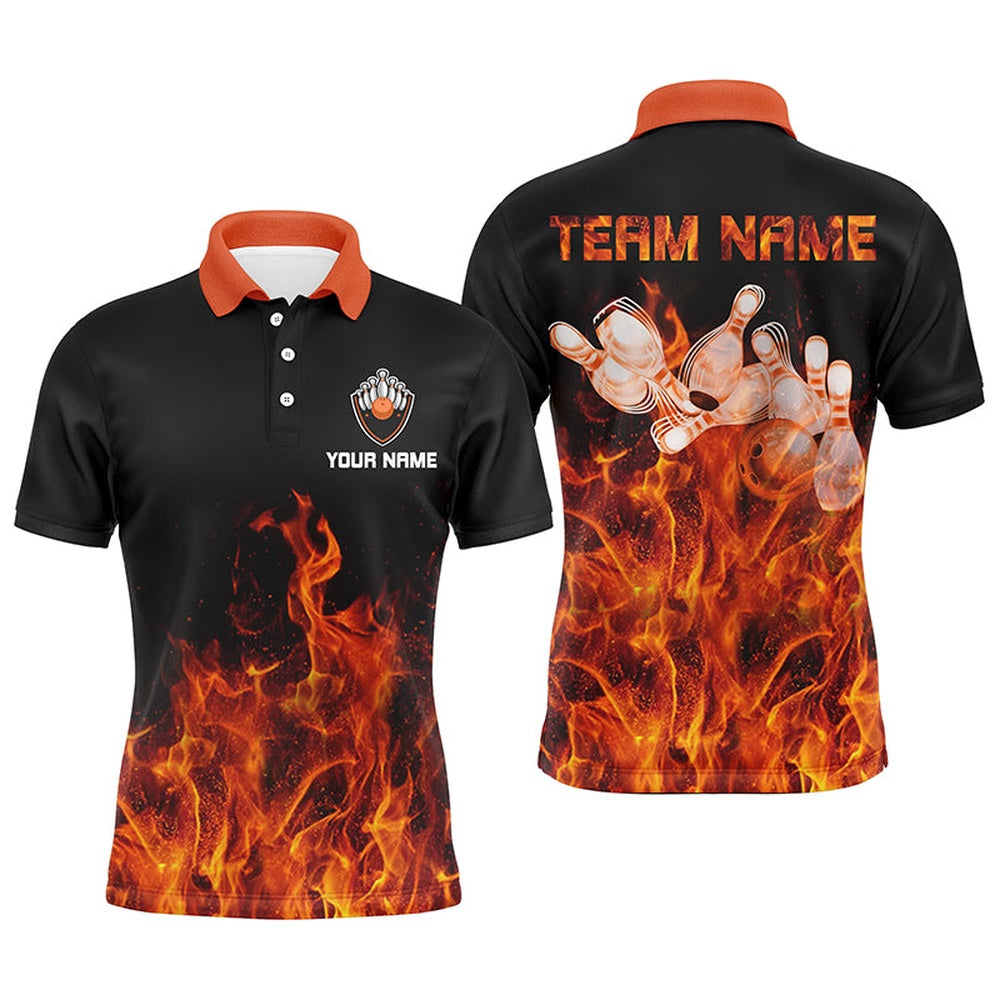 Custom Bowling Polo Shirts, Personalized Men Polo Bowling Shirt Orange Flame Bowling Ball And Pins Bowling Jerseys For Men Bowler