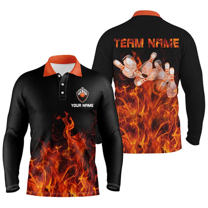 Custom Bowling Polo Shirts, Personalized Men Polo Bowling Shirt Orange Flame Bowling Ball And Pins Bowling Jerseys For Men Bowler