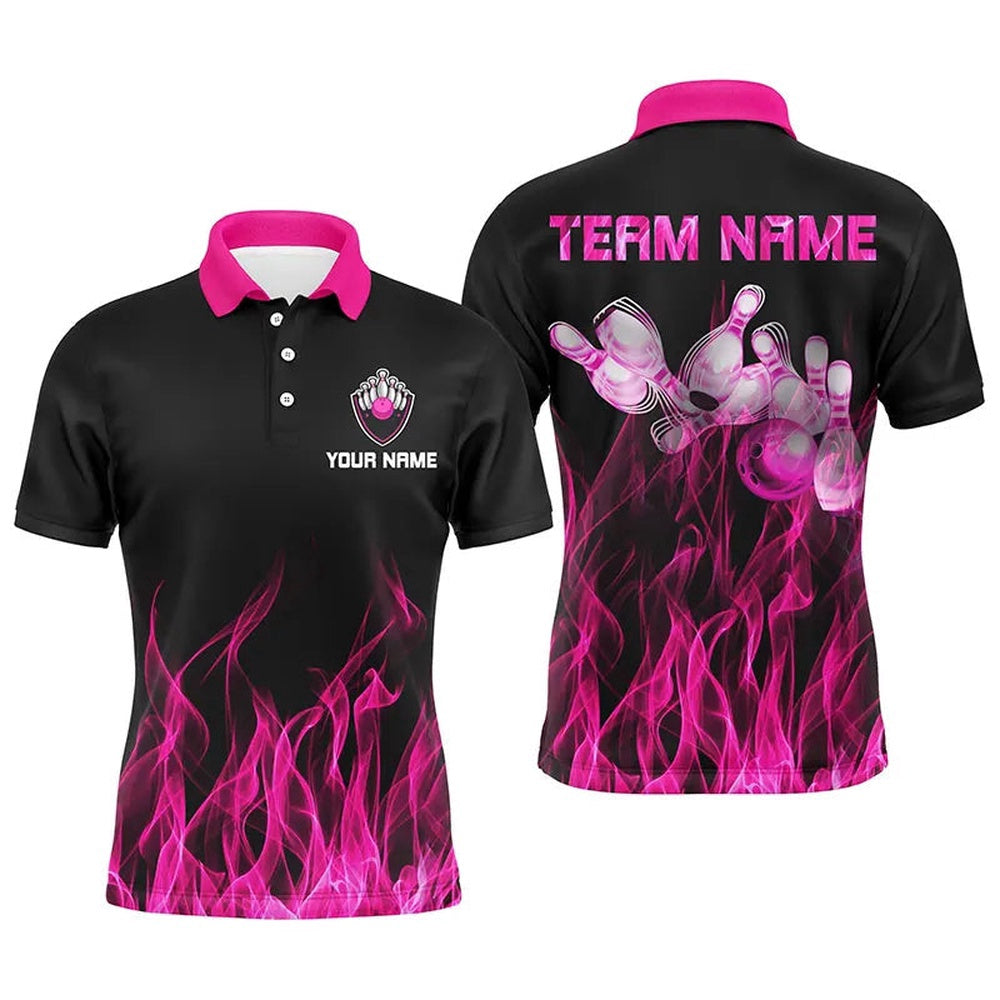 Custom Bowling Polo Shirts, Personalized Men Polo Bowling Shirt Pink Flame Bowling Ball & Pins Camo Bowling Jersey For Men Bowler