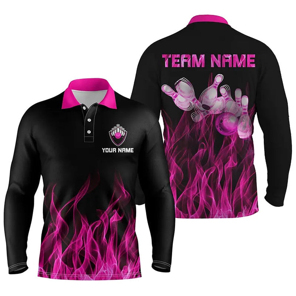 Custom Bowling Polo Shirts, Personalized Men Polo Bowling Shirt Pink Flame Bowling Ball & Pins Camo Bowling Jersey For Men Bowler