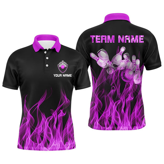 Custom Bowling Polo Shirts, Personalized Men Polo Bowling Shirt Purple Flame Bowling Ball And Pins Bowling Jerseys For Men Bowler