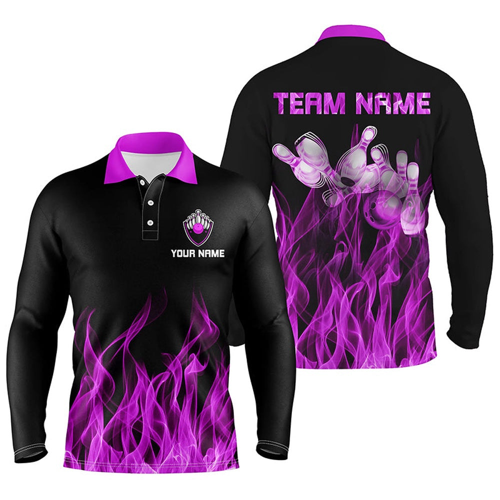 Custom Bowling Polo Shirts, Personalized Men Polo Bowling Shirt Purple Flame Bowling Ball And Pins Bowling Jerseys For Men Bowler