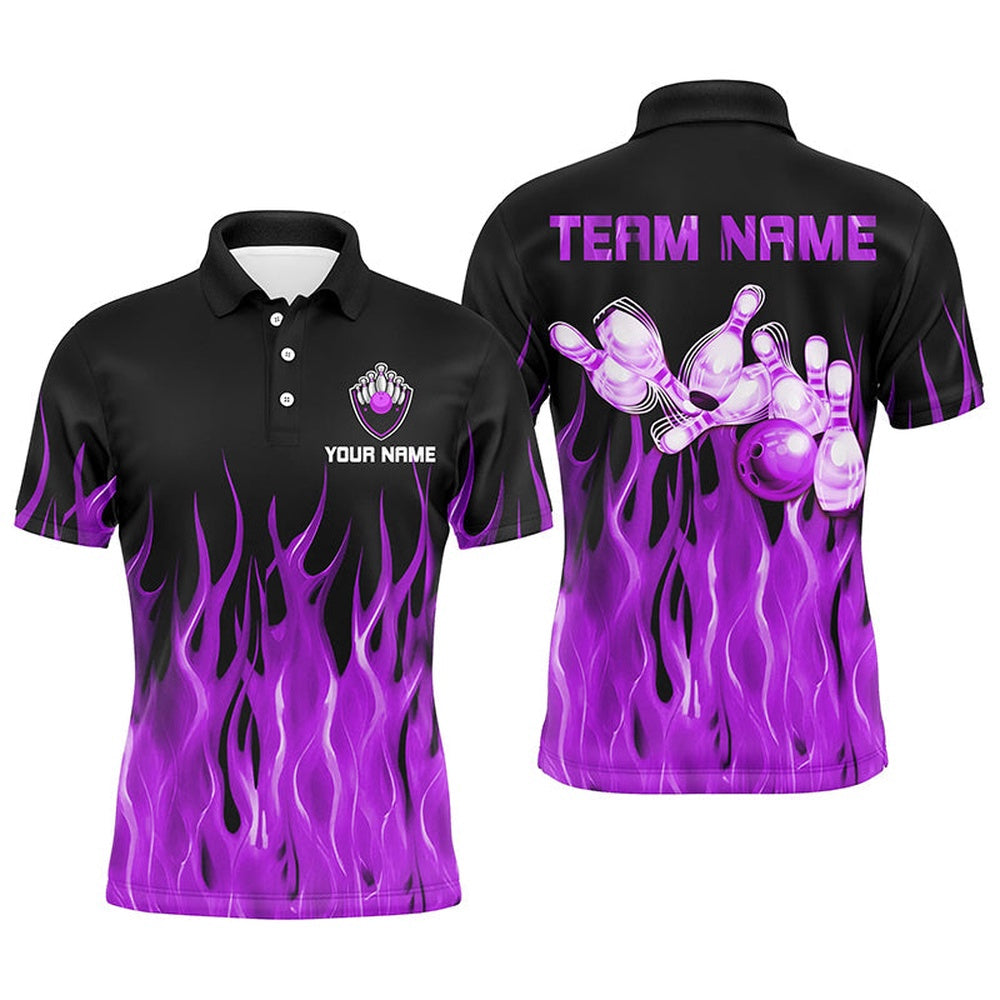 Custom Bowling Polo Shirts, Personalized Men Polo Bowling Shirt Purple Flame Bowling Ball Pins Bowling Jerseys For Men Bowler