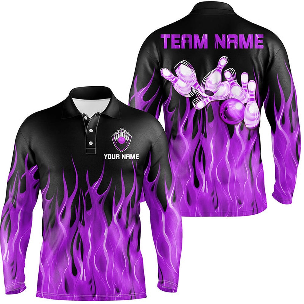 Custom Bowling Polo Shirts, Personalized Men Polo Bowling Shirt Purple Flame Bowling Ball Pins Bowling Jerseys For Men Bowler