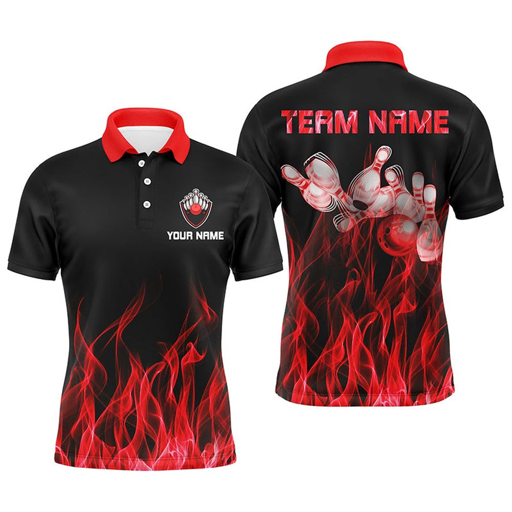 Custom Bowling Polo Shirts, Personalized Men Polo Bowling Shirt Red Flame Bowling Ball And Pins Bowling Jerseys For Men Bowler