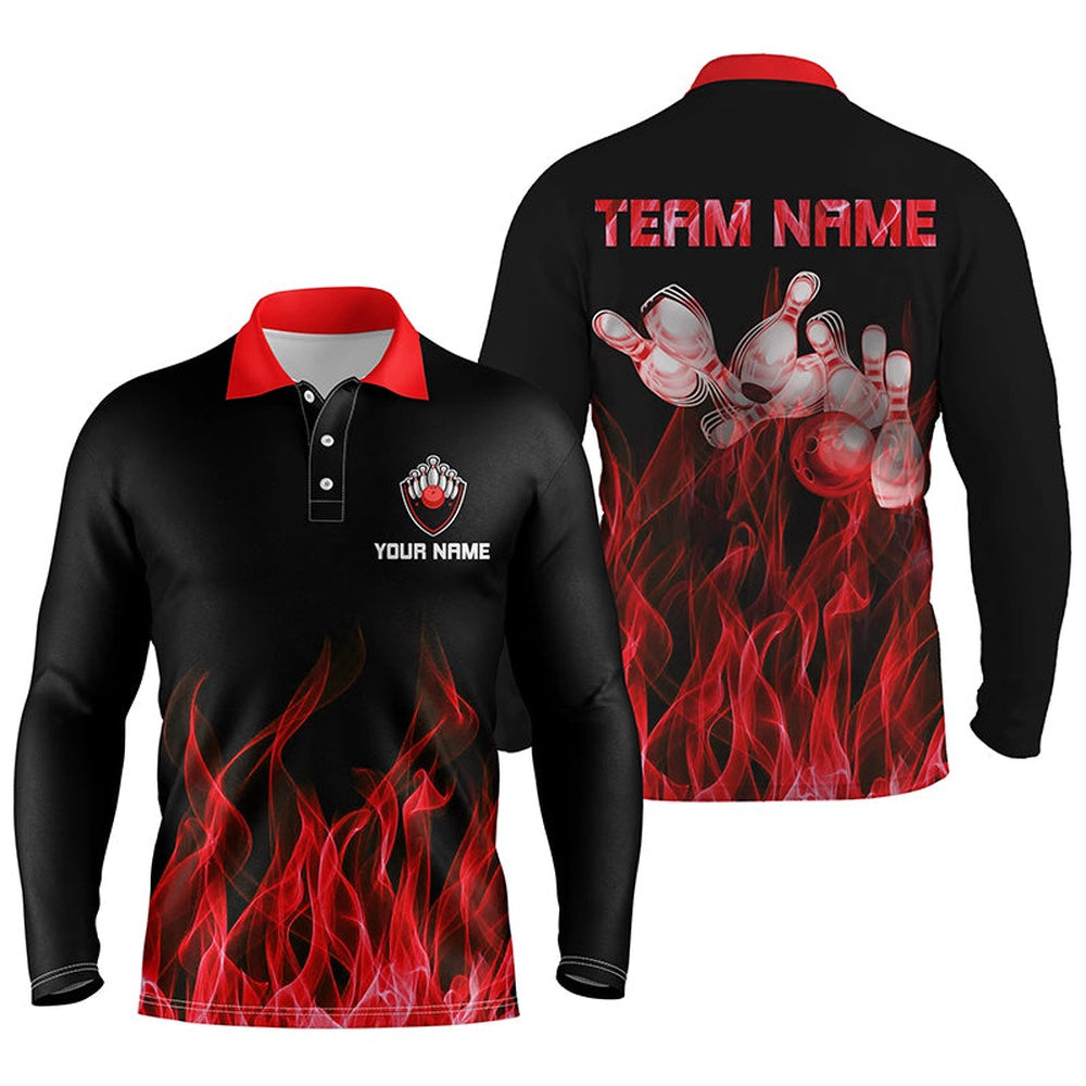 Custom Bowling Polo Shirts, Personalized Men Polo Bowling Shirt Red Flame Bowling Ball And Pins Bowling Jerseys For Men Bowler
