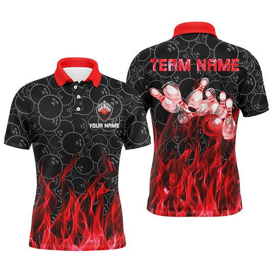 Custom Bowling Polo Shirts, Personalized Men Polo Bowling Shirt Red Flame Bowling Ball And Pins Camo Bowling Jersey For Men Bowler