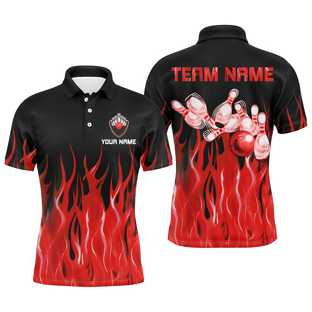 Custom Bowling Polo Shirts, Personalized Men Polo Bowling Shirt Red Flame Bowling Ball Pins Bowling Jerseys For Men Bowler