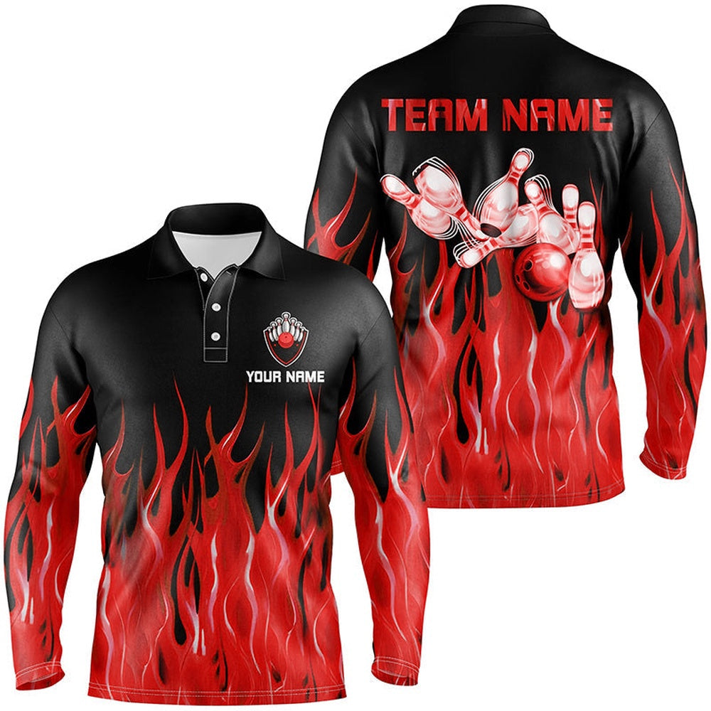 Custom Bowling Polo Shirts, Personalized Men Polo Bowling Shirt Red Flame Bowling Ball Pins Bowling Jerseys For Men Bowler
