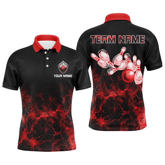 Custom Bowling Polo Shirts, Personalized Men Polo Bowling Shirt Red Lightning Bowling Ball Pins Bowling Jerseys For Bowler