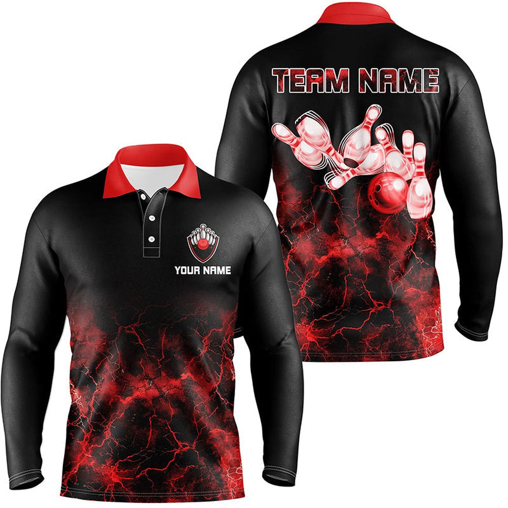 Custom Bowling Polo Shirts, Personalized Men Polo Bowling Shirt Red Lightning Bowling Ball Pins Bowling Jerseys For Bowler