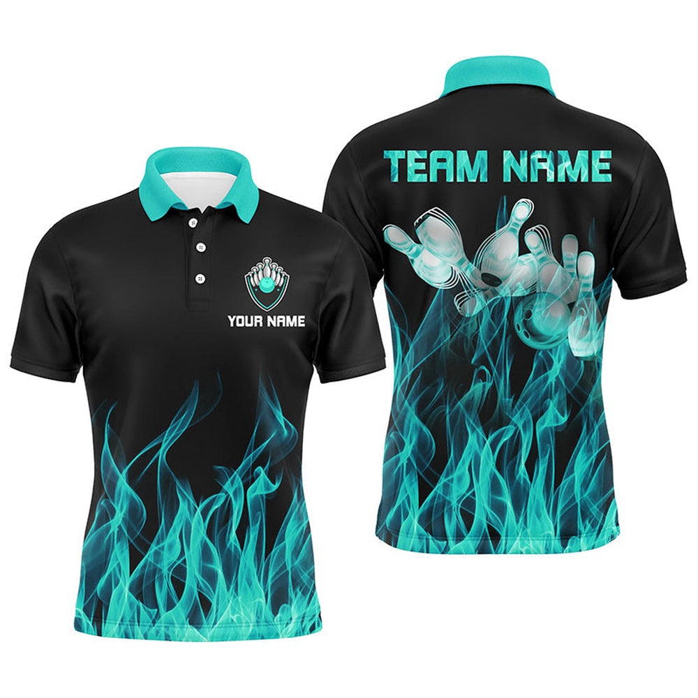 Custom Bowling Polo Shirts, Personalized Men Polo Bowling Shirt Turquoise Flame Bowling Ball Pins Bowling Jerseys For Men Bowler