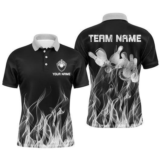 Custom Bowling Polo Shirts, Personalized Men Polo Bowling Shirt White Flame Bowling Ball And Pins Bowling Jerseys For Men Bowler