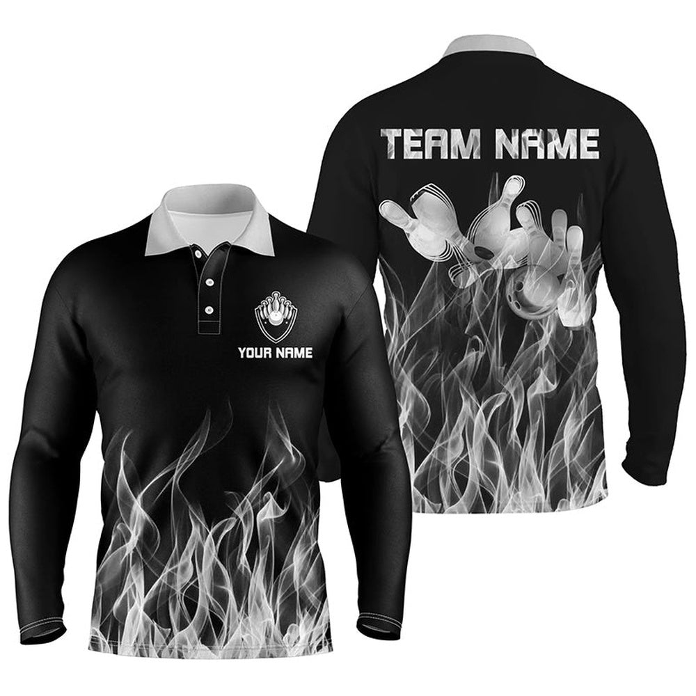 Custom Bowling Polo Shirts, Personalized Men Polo Bowling Shirt White Flame Bowling Ball And Pins Bowling Jerseys For Men Bowler