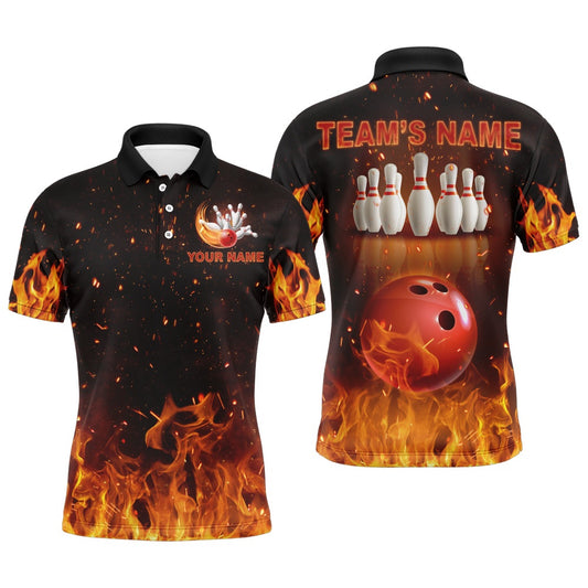 Custom Bowling Polo Shirts, Personalized Men'S Bowling Team Shirt Flame Bowling Jersey Custom Funny Bowling Polo Shirt